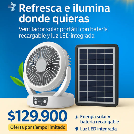 Ventilador Solar Portátil  con Luz LED, Bombillo y Powerbank | Tecnotodo